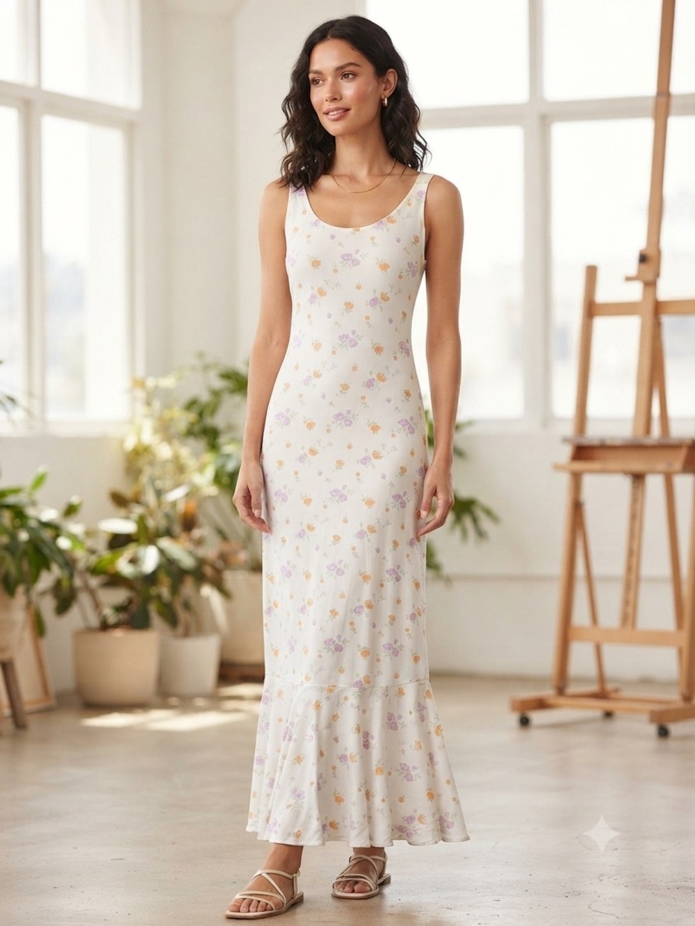 Princess Polly Sleeveless Ivory Floral Maxi Dress with Ruffle Hem Size 4